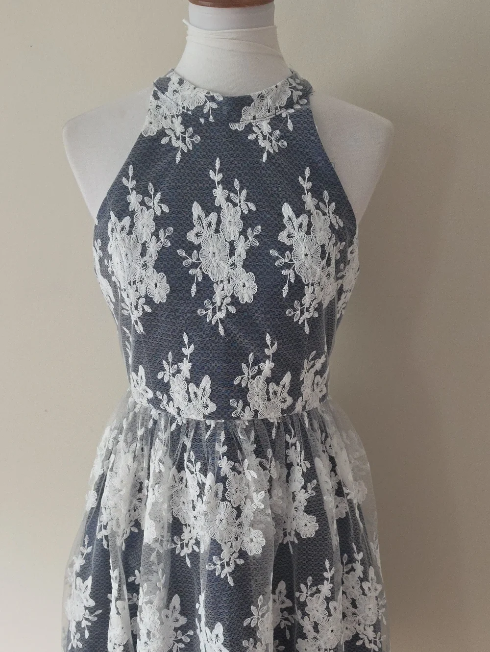 Liza Luxe Navy and White Lace Halter Fit-and-Flare Dress Brand New